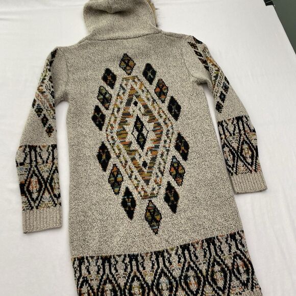 Northern Angel Cardigan Sweater Duster Womens Small Tan Aztec Hooded Fur Trim - Picture 3 of 11
